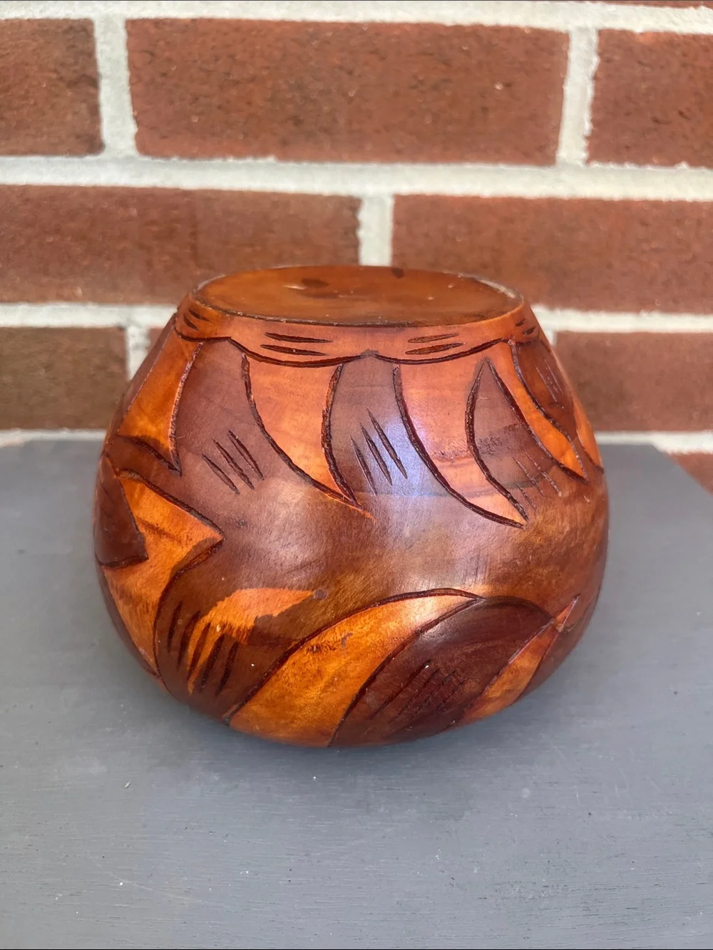 Vintage Hand-Carved Turned Wood Bowl Warm Brown Finish with Fish & Floral Design